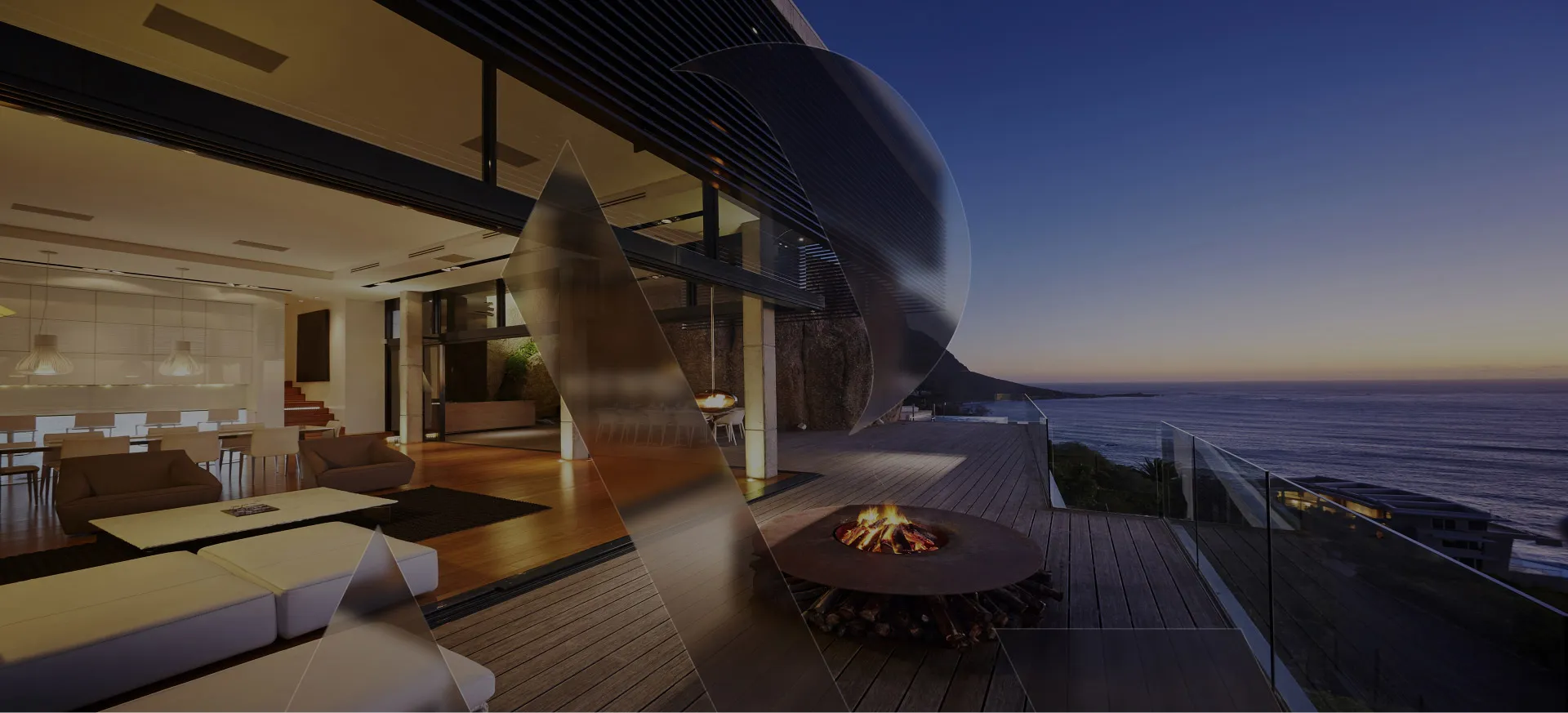 Luxury modern villa interior with panoramic sea view at sunset