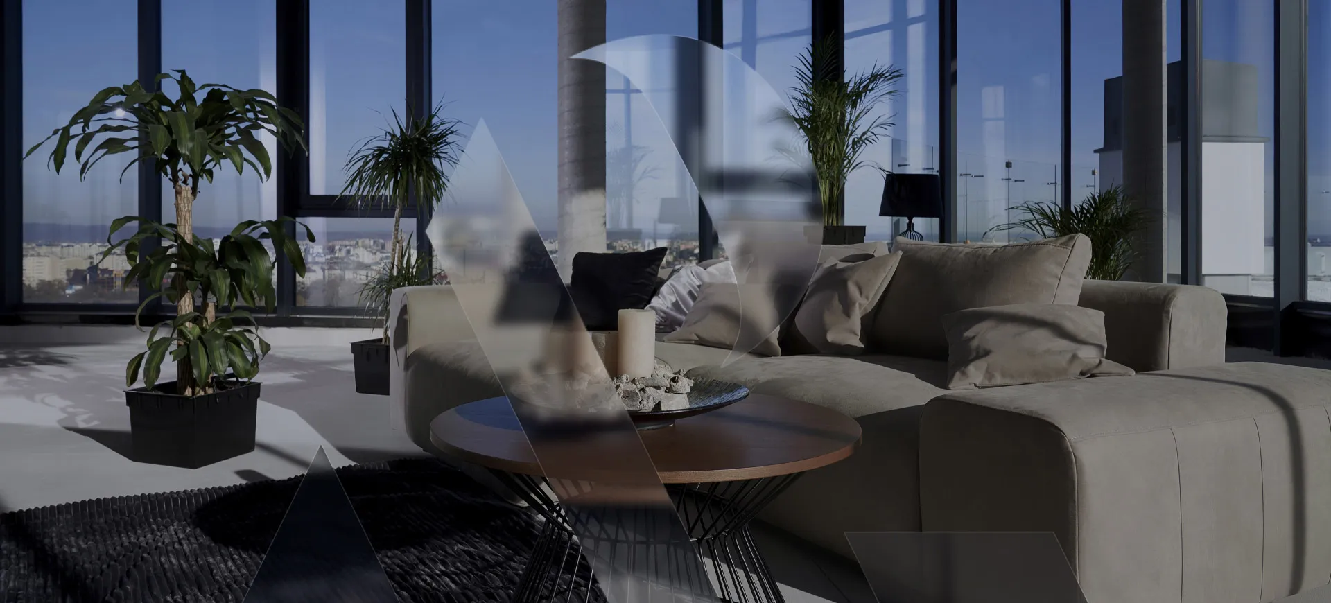 Modern residential development interior with panoramic city view, representing new-build investment property