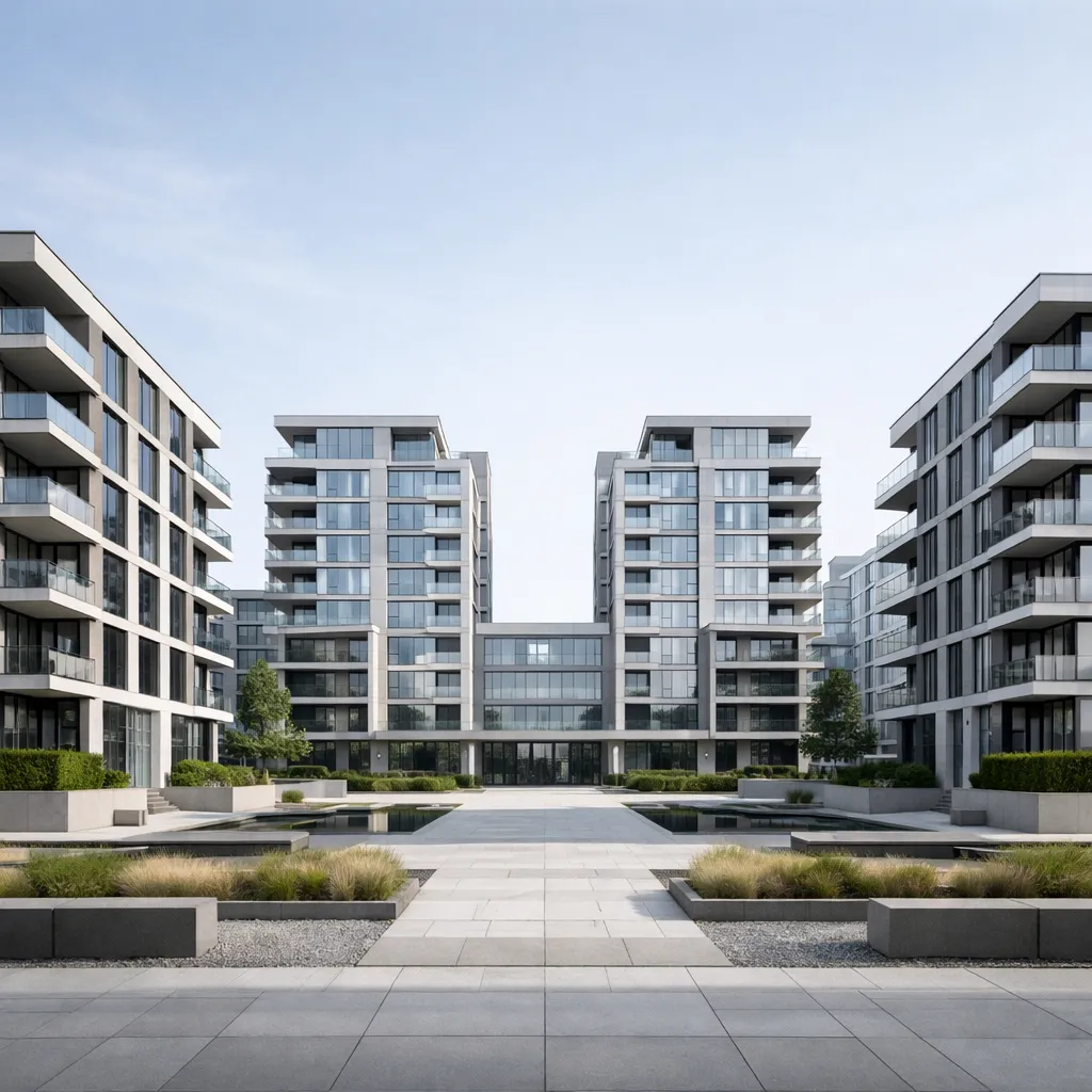 Modern residential apartment complex exterior with landscaped courtyard