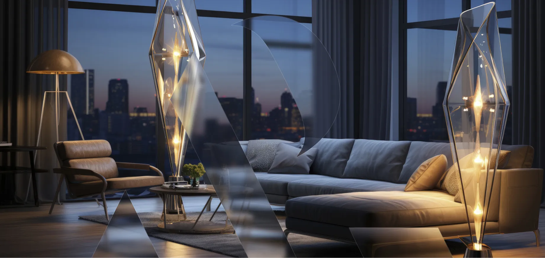Modern luxury apartment interior with panoramic city skyline view in the UAE