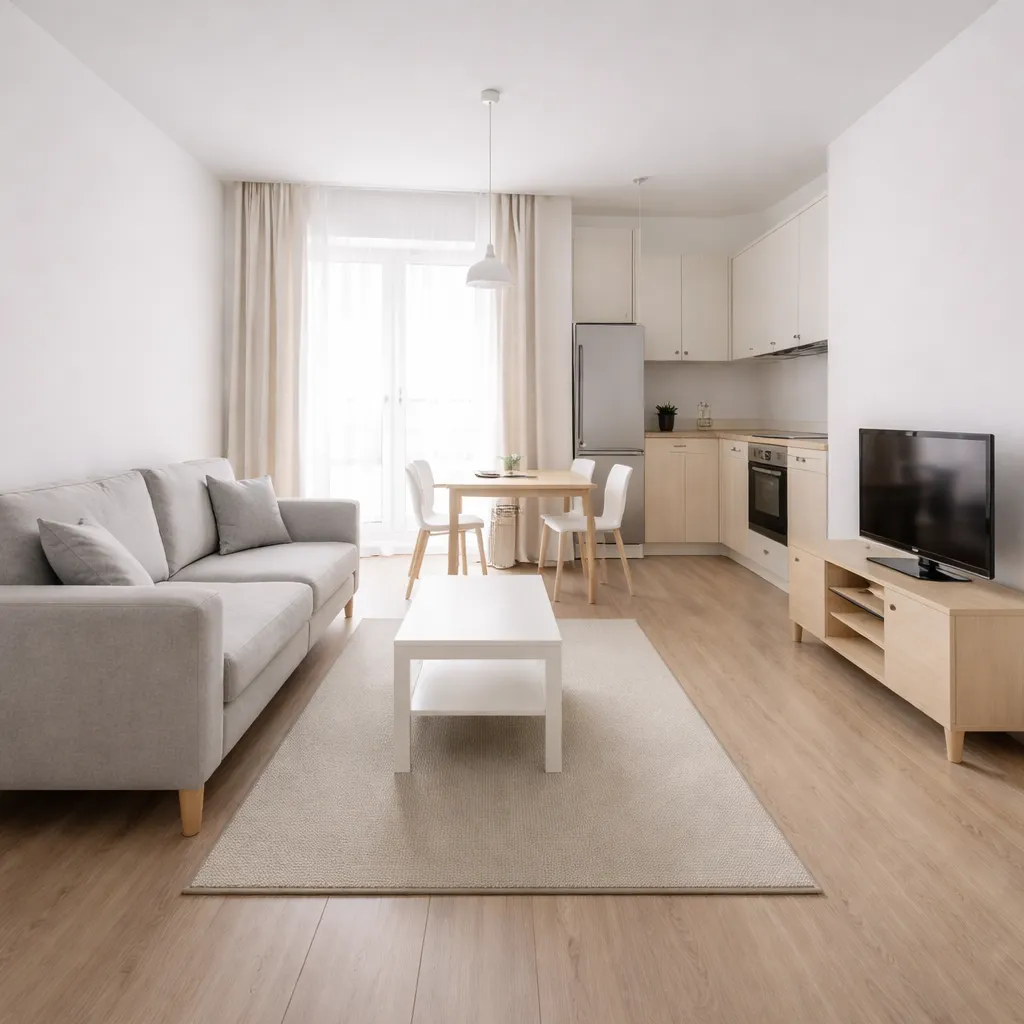 Minimalist furnished apartment interior with sofa and TV area